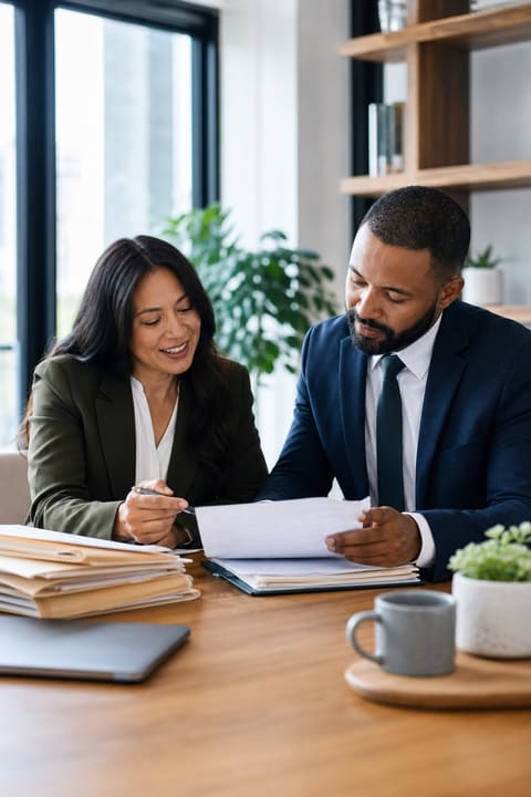 A GTC attorney reviewing employment contracts and HR policies against a compliance checklist in a bright modern office