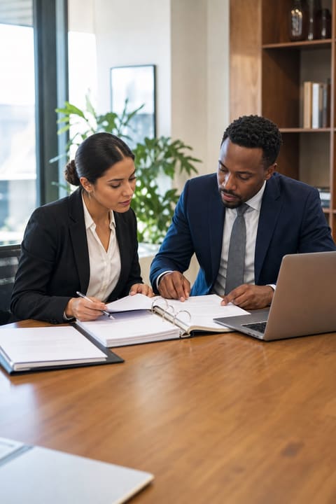 A GTC attorney reviewing a company's contracts and corporate records during a legal audit in a bright modern office