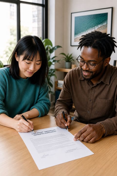 Two professionals signing a transfer agreement across a desk in a bright modern office