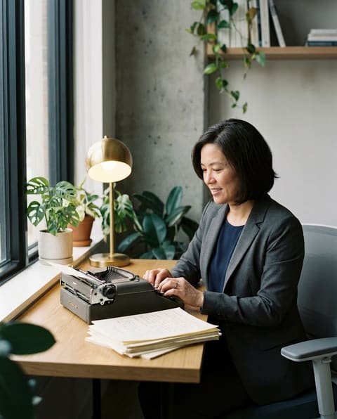 A creator reviewing original work at a desk in a bright modern studio