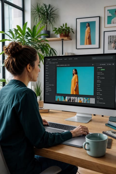 Content creator reviewing a digital licensing dashboard in a bright modern studio