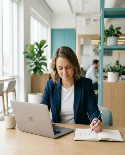 An inventor sketching a product concept in a bright modern studio