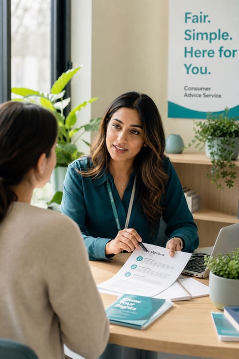 A GTC adviser reviewing a consumer dispute file with a client at a bright modern-office table