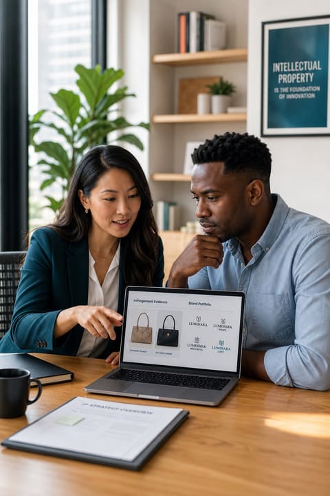 IP counsel reviewing dispute strategy and case files in a bright modern office