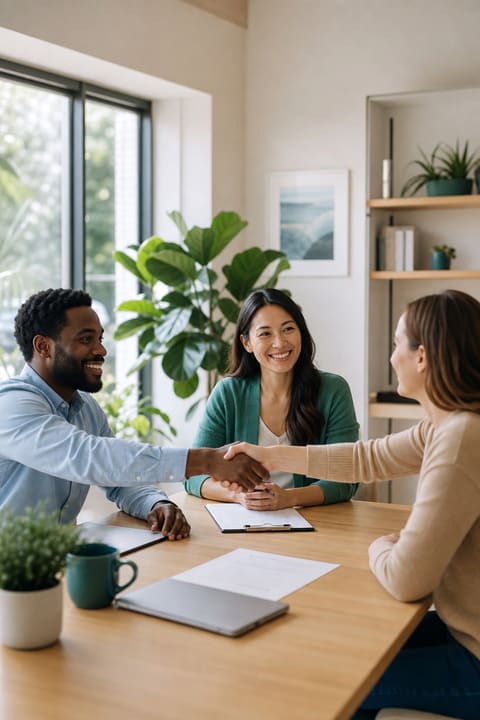 Two business teams seated across a table with a neutral mediator in a bright modern office