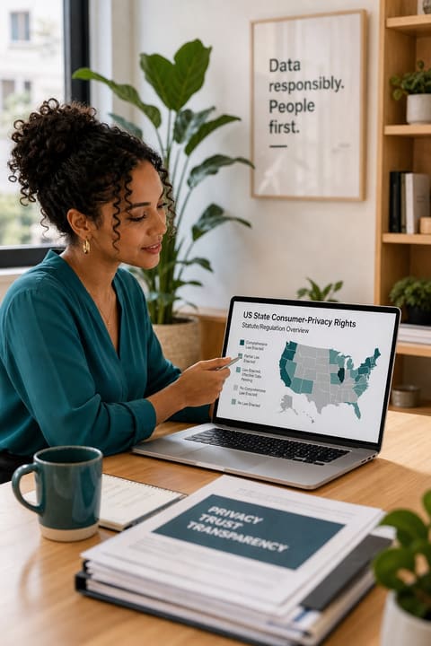 Privacy attorney mapping US state data-protection obligations in a bright modern office