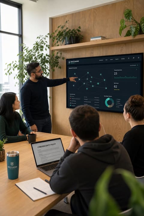 Security and IT team reviewing information-security policy documentation in a bright modern office