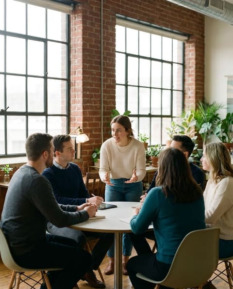 Founders and counsel reviewing fundraising documents and a cap table in a bright modern office