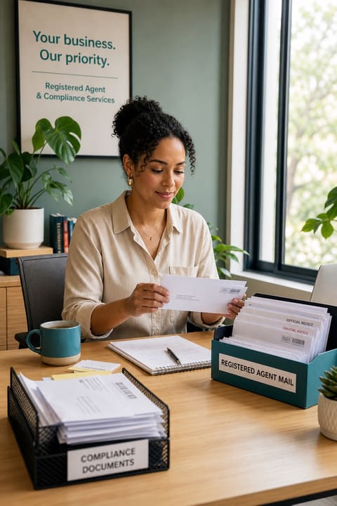 Compliance team reviewing official mail and filing notices in a bright modern office