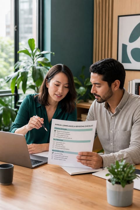 Compliance team reviewing an annual-filing calendar across entities in a bright modern office