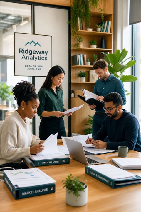 Founders and an attorney preparing a fundraising data room in a bright modern office