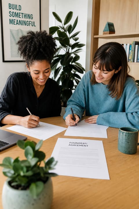 Two co-founders reviewing a founder agreement at a bright office table