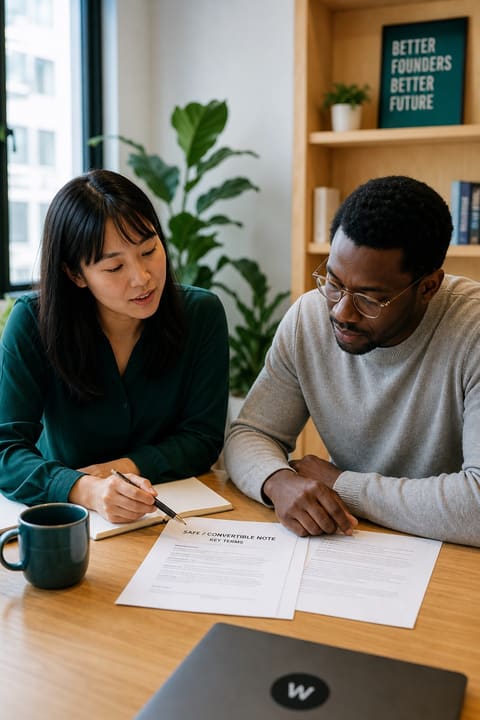Founder and attorney reviewing a post-money SAFE and cap table in a bright modern office