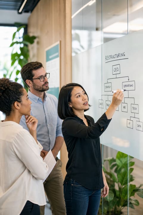 Corporate lawyers mapping a group reorganisation step plan on a whiteboard in a bright modern office
