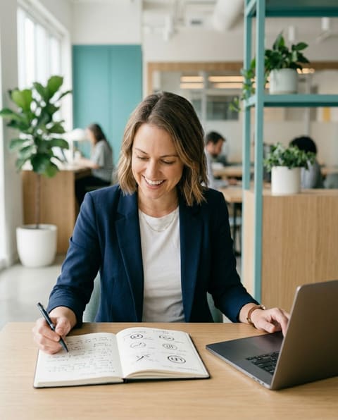 A privacy attorney reviewing a website's data flows and drafting a policy in a bright modern office