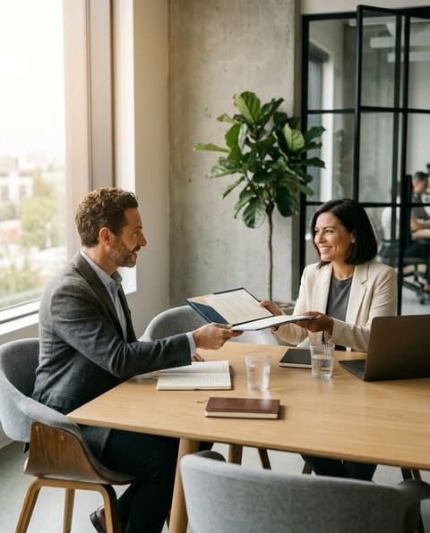 Founder and attorney reviewing a post-money SAFE and cap table in a bright modern office