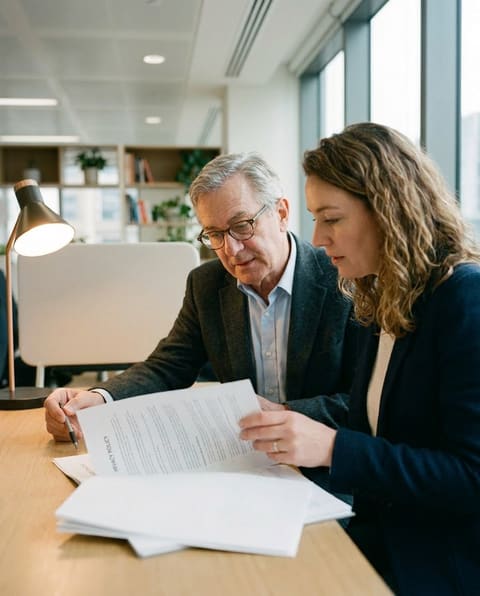 A privacy attorney reviewing a website's data flows and drafting a policy in a bright modern office