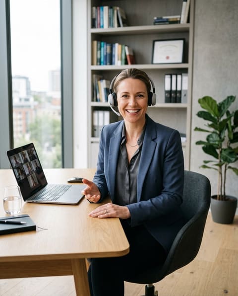 A woman with a headset smiles on a video call at her desk