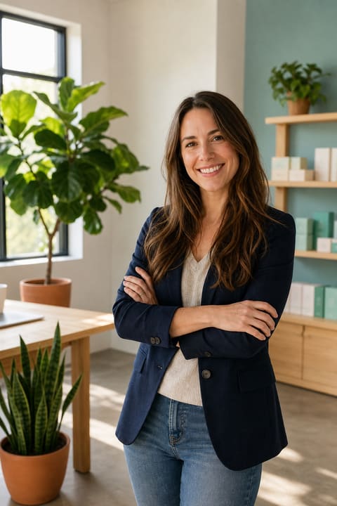 A founder in a bright, plant-filled office, confident in her protected brand